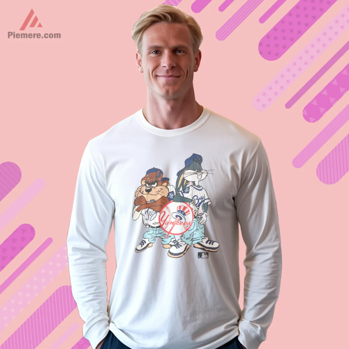Long sleeve tee showing Bugs and Taz in Yankees uniforms