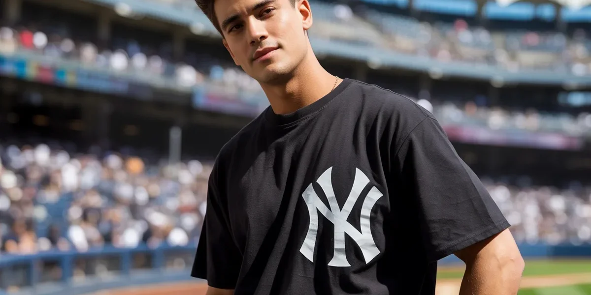 Male fan wearing New York Yankees logo shirt at stadium in casual game day outfit