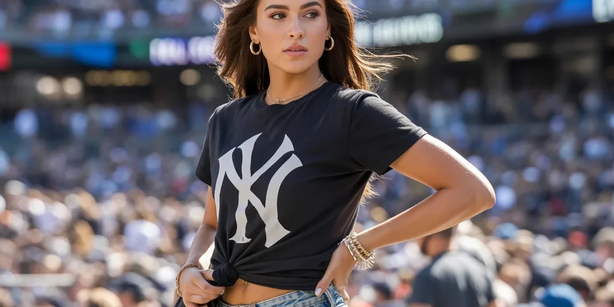 New York Yankees shirt outfit styled for game day, casual female fan wearing logo tee at stadium