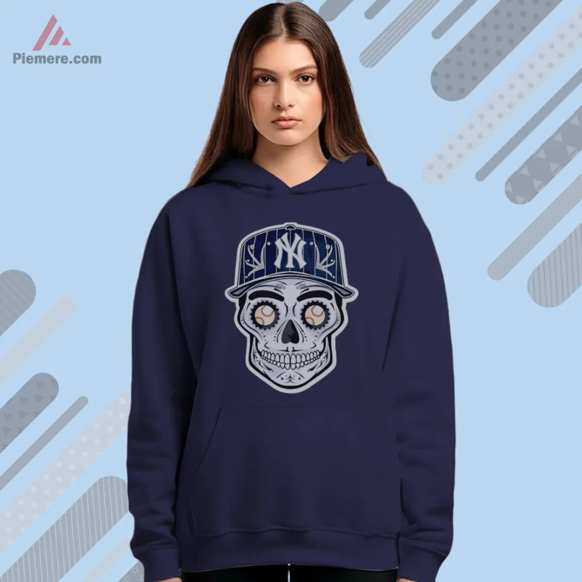 Navy hoodie with bold Yankees skull artwork