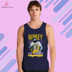 Navy tank top with Nipsey Hussle Lakers tribute graphic