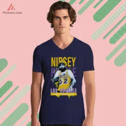 Navy V neck shirt with Nipsey Hussle Lakers artwork