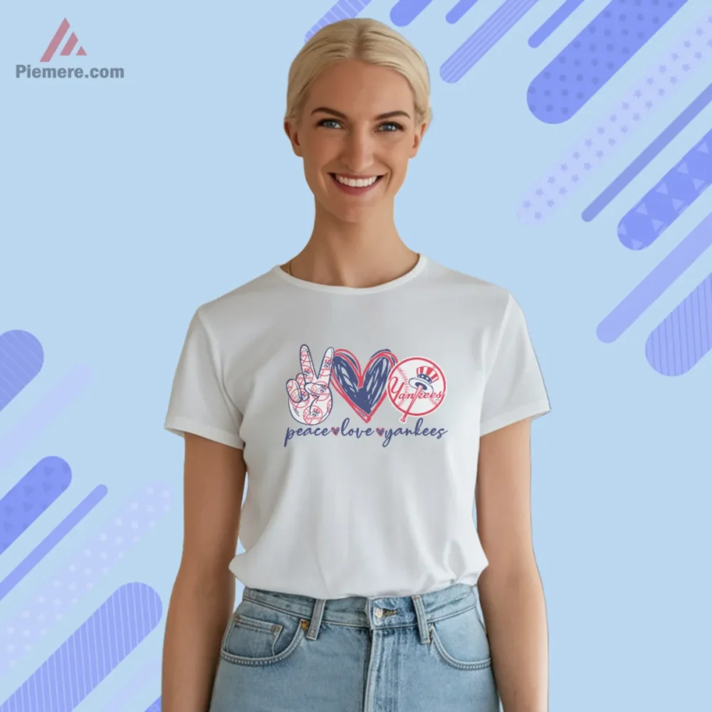 Peace Love Yankees Shirt with hand heart and Yankees roundel on white tee