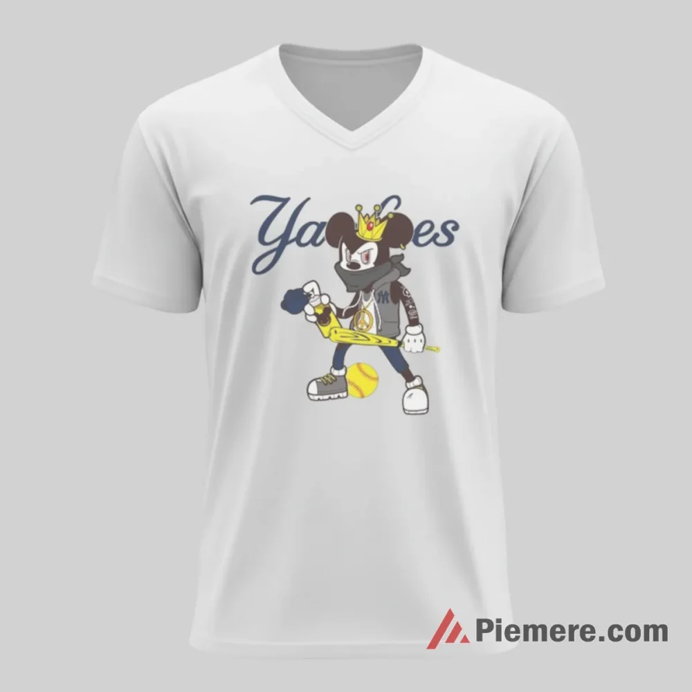 Peace Sign Mickey Yankees Street Attitude Shirt on white v-neck shirt for men graphic tee