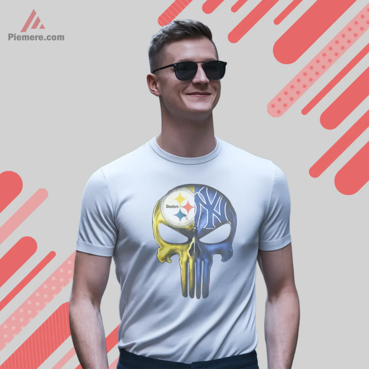Short sleeve white tee with Steelers and Yankees split skull