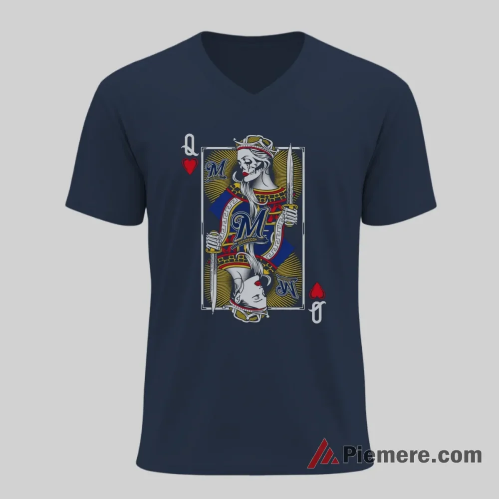 Queen Of Hearts Milwaukee Brewers Playing Card Art Shirt on navy v-neck shirt for men graphic tee