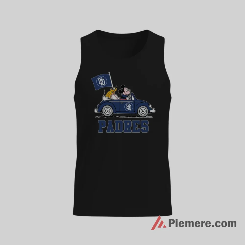 San Diego Padres Mickey And Pluto Driving Baseball Fun Shirt on black tank top for men graphic tee