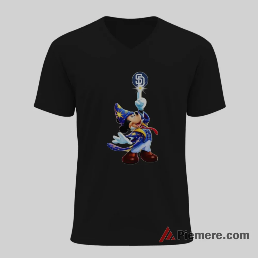 San Diego Padres Mickey Magical Baseball Fantasy Shirt on black v-neck shirt for men graphic tee
