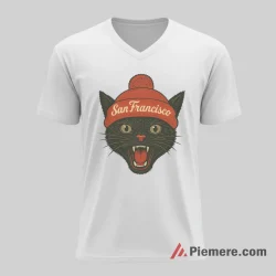 San Francisco 49ers Black Cat Beanie Fan Art Shirt on white v-neck shirt for men graphic tee
