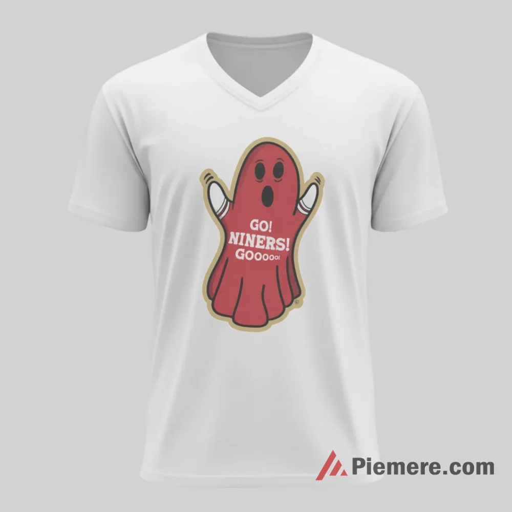 San Francisco 49ers Go Niners Ghost Mascot Shirt on white v-neck shirt for men graphic tee