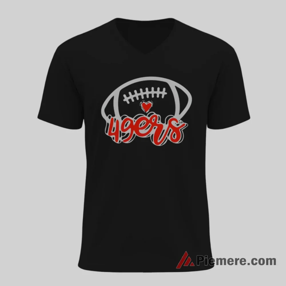 San Francisco 49ers Heart Football Script Shirt on black v-neck shirt for men graphic tee