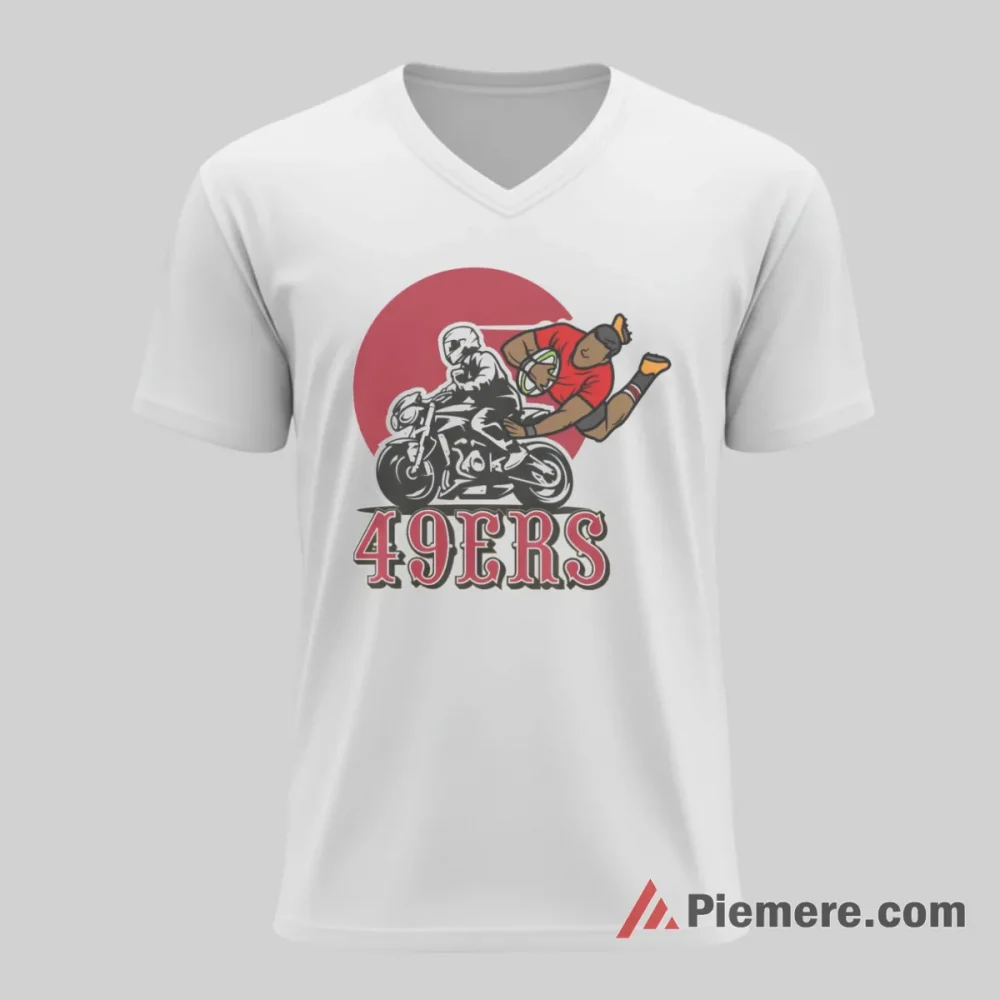 San Francisco 49ers Motorcycle Stunt Graphic Shirt on white v-neck shirt for men graphic tee
