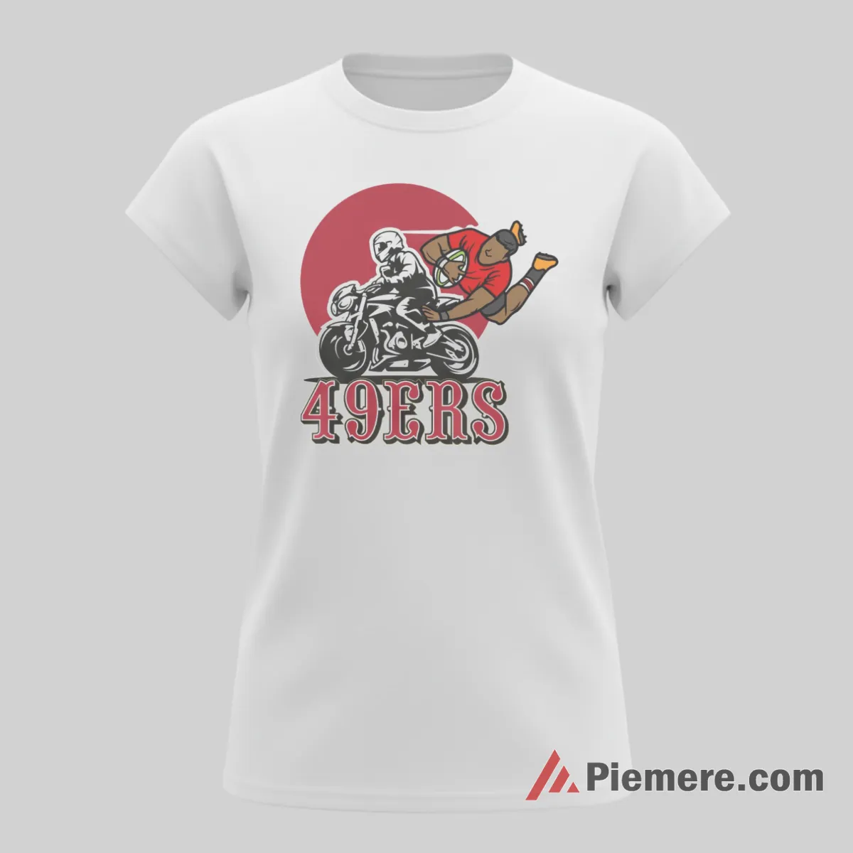 San Francisco 49ers Motorcycle Stunt Graphic Shirt on white short sleeve shirt for women graphic tee