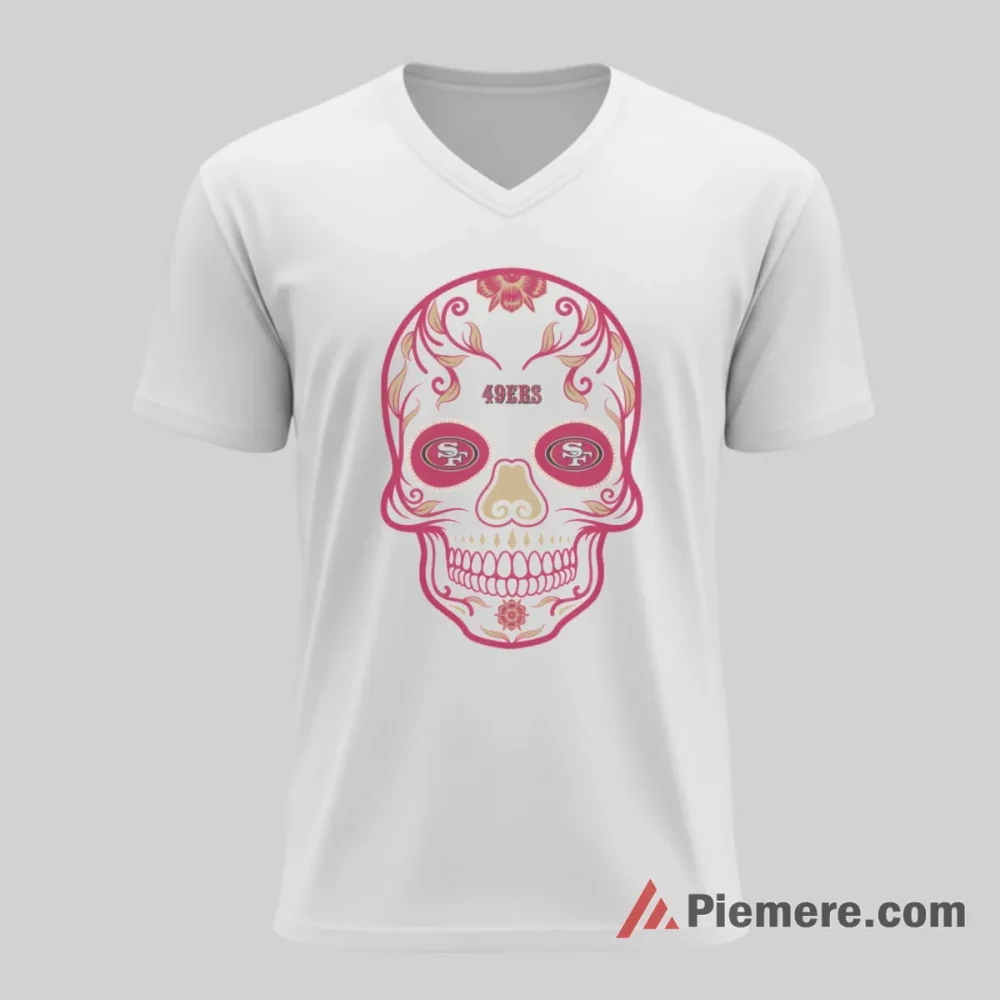San Francisco 49ers Ornate Sugar Skull Art Shirt on white v-neck shirt for men graphic tee
