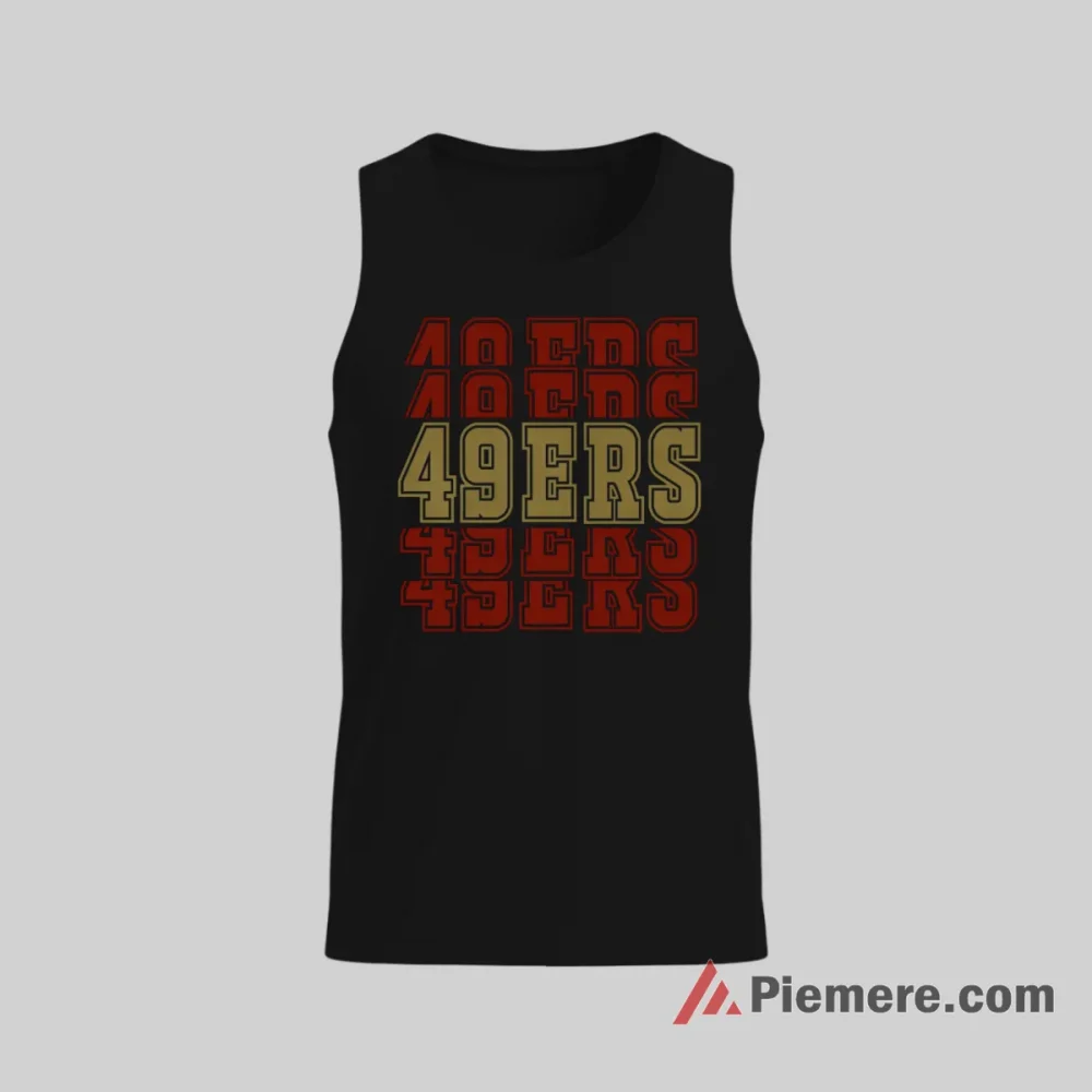 San Francisco 49ers Stacked Logo Retro Shirt on black tank top for men graphic tee