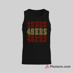 San Francisco 49ers Stacked Logo Retro Shirt on black tank top for men graphic tee