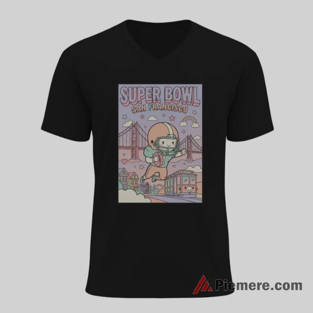 San Francisco 49ers Super Bowl City Retro Shirt on black v-neck shirt for men graphic tee