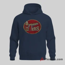 San Francisco 49ers Vintage Badge Football Shirt on navy hoodie for men graphic tee