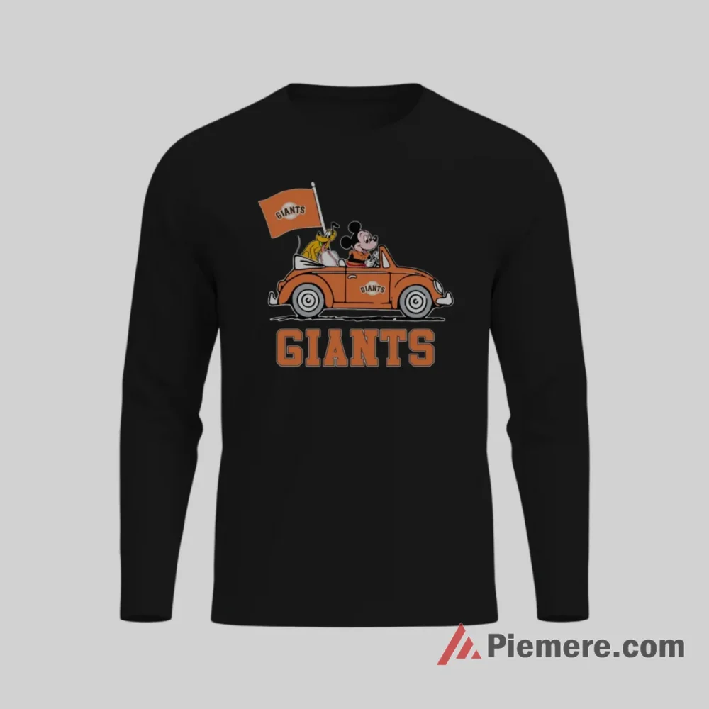 San Francisco Giants Mickey Mouse And Pluto Driving Baseball Shirt on black long sleeve shirt for men graphic tee
