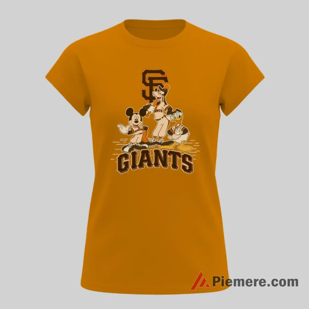 San Francisco Giants Mickey Mouse Donald Duck Goofy Champions Shirt on orange short sleeve shirt for women graphic tee