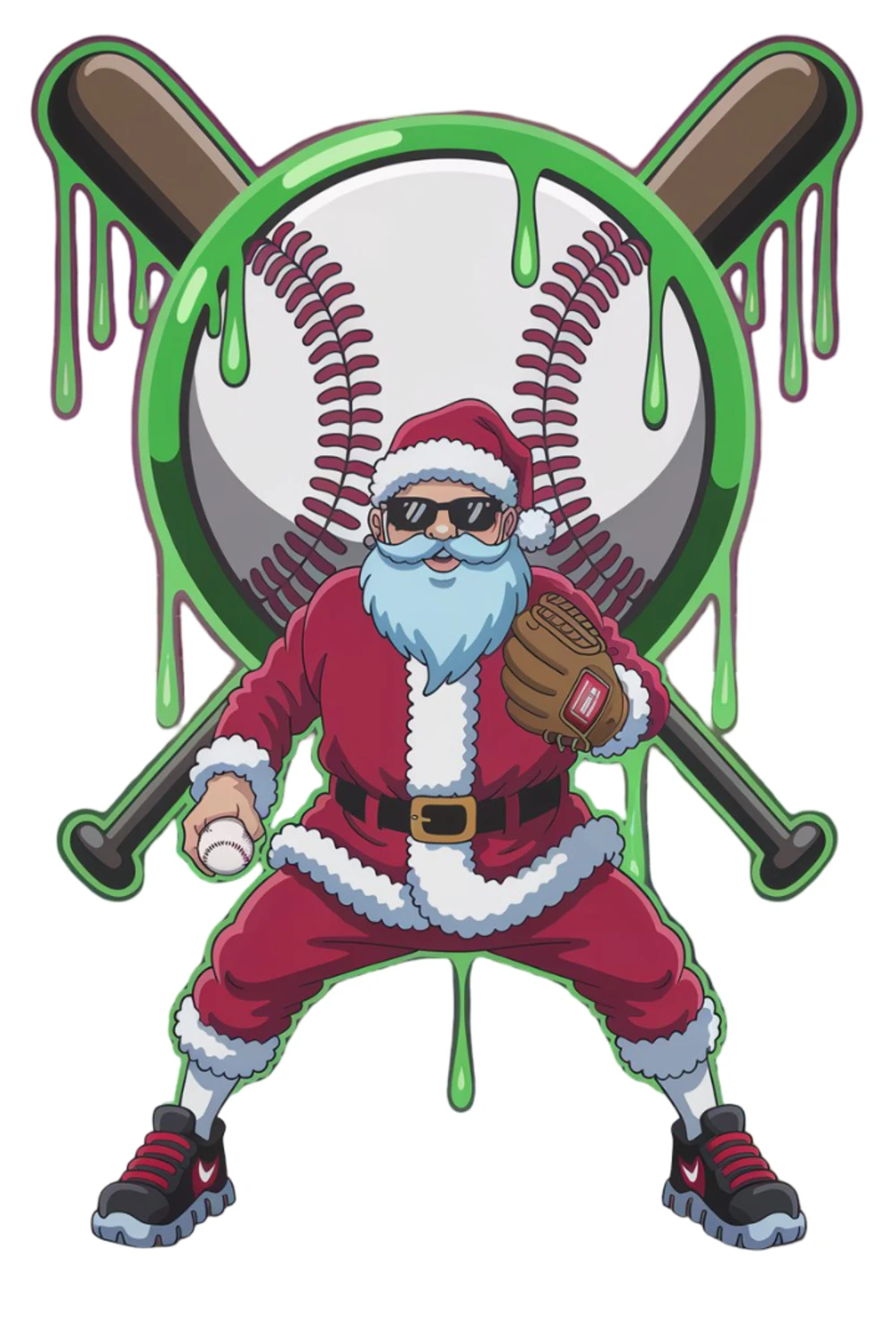 Santa in a bright uniform framed by crossed bats and a candy colored shield