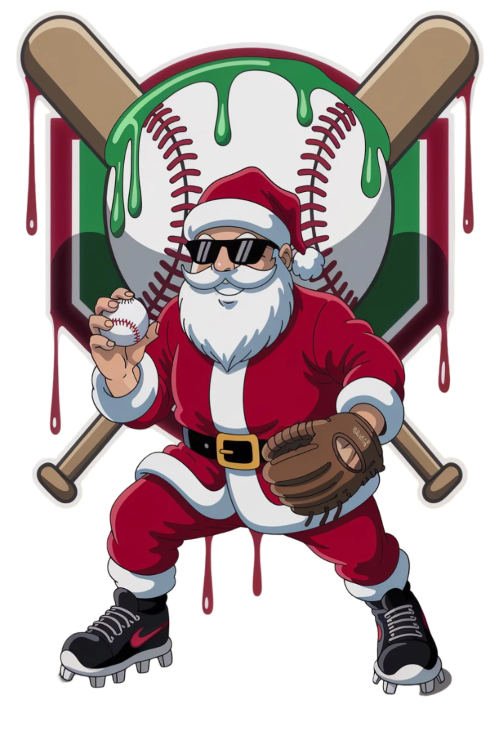 Santa standing in a ready stance with a glove and ball on clean white ground