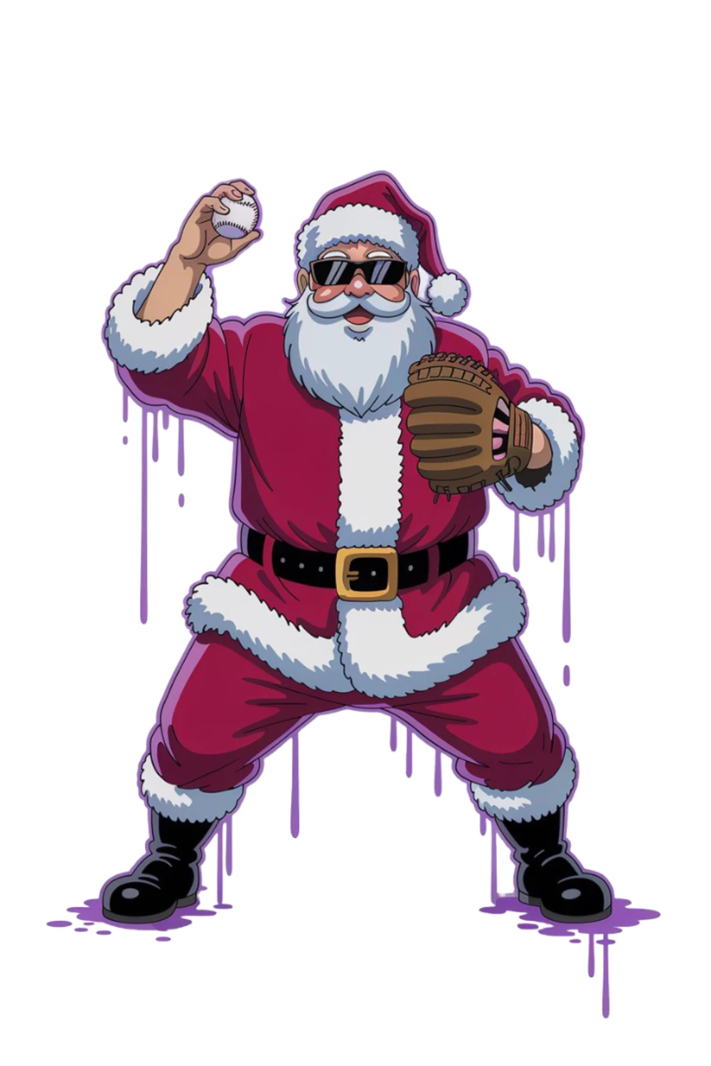 Santa holding a bat with paint like drips behind him for an urban holiday feel