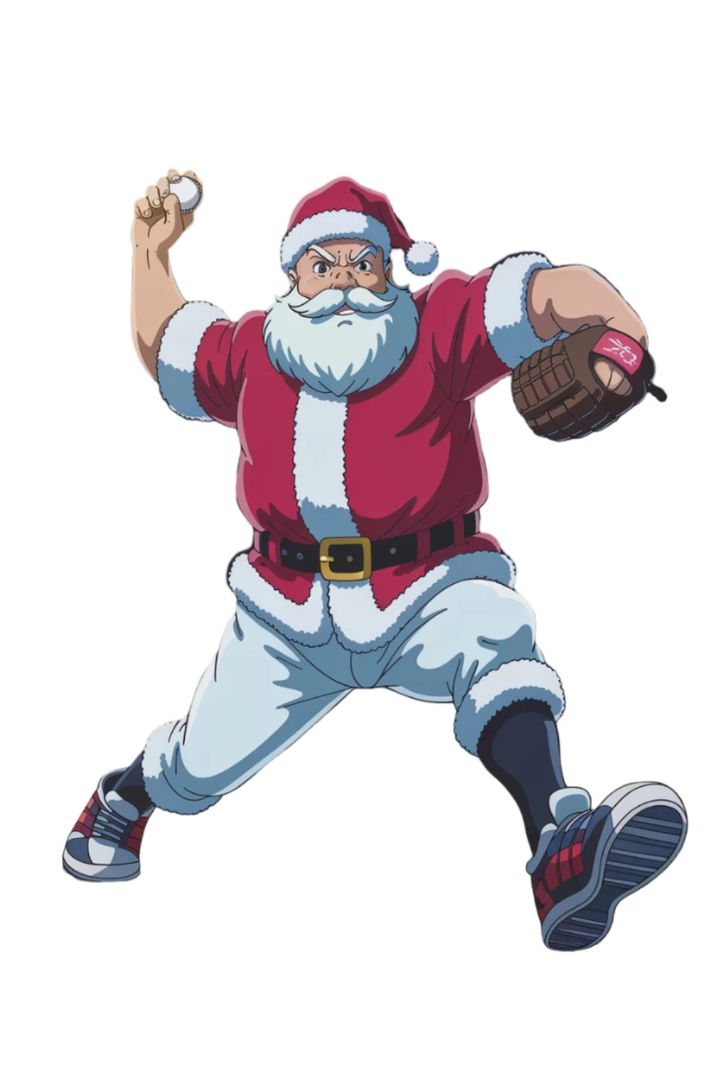 Santa in mid jump with arms raised as if celebrating a walk off hit