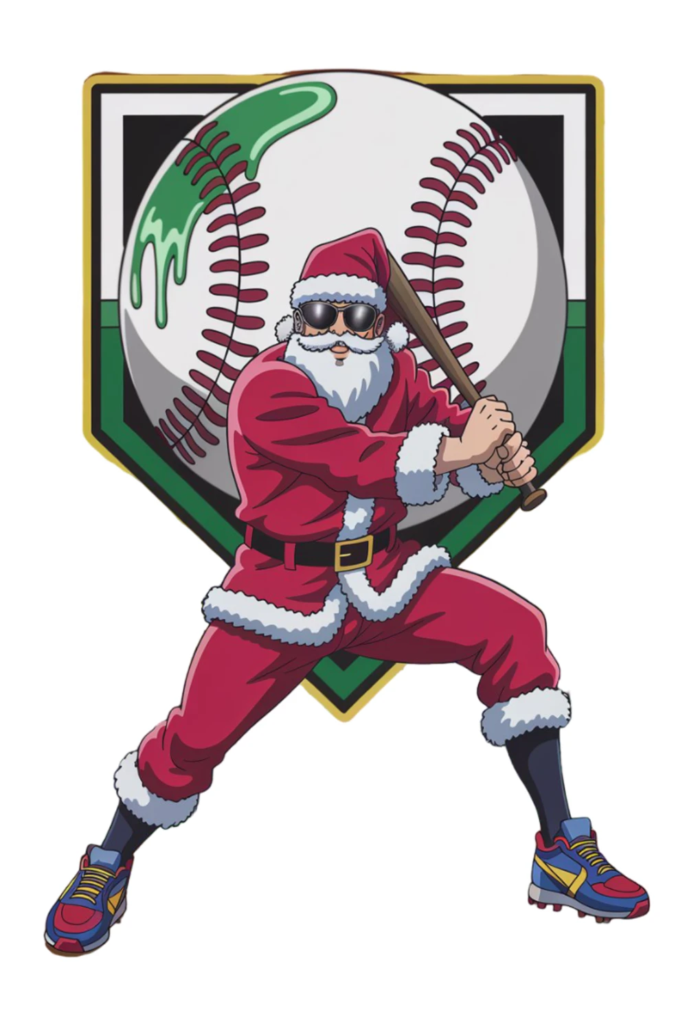 Santa ready to swing in front of a tall shield that frames a big baseball