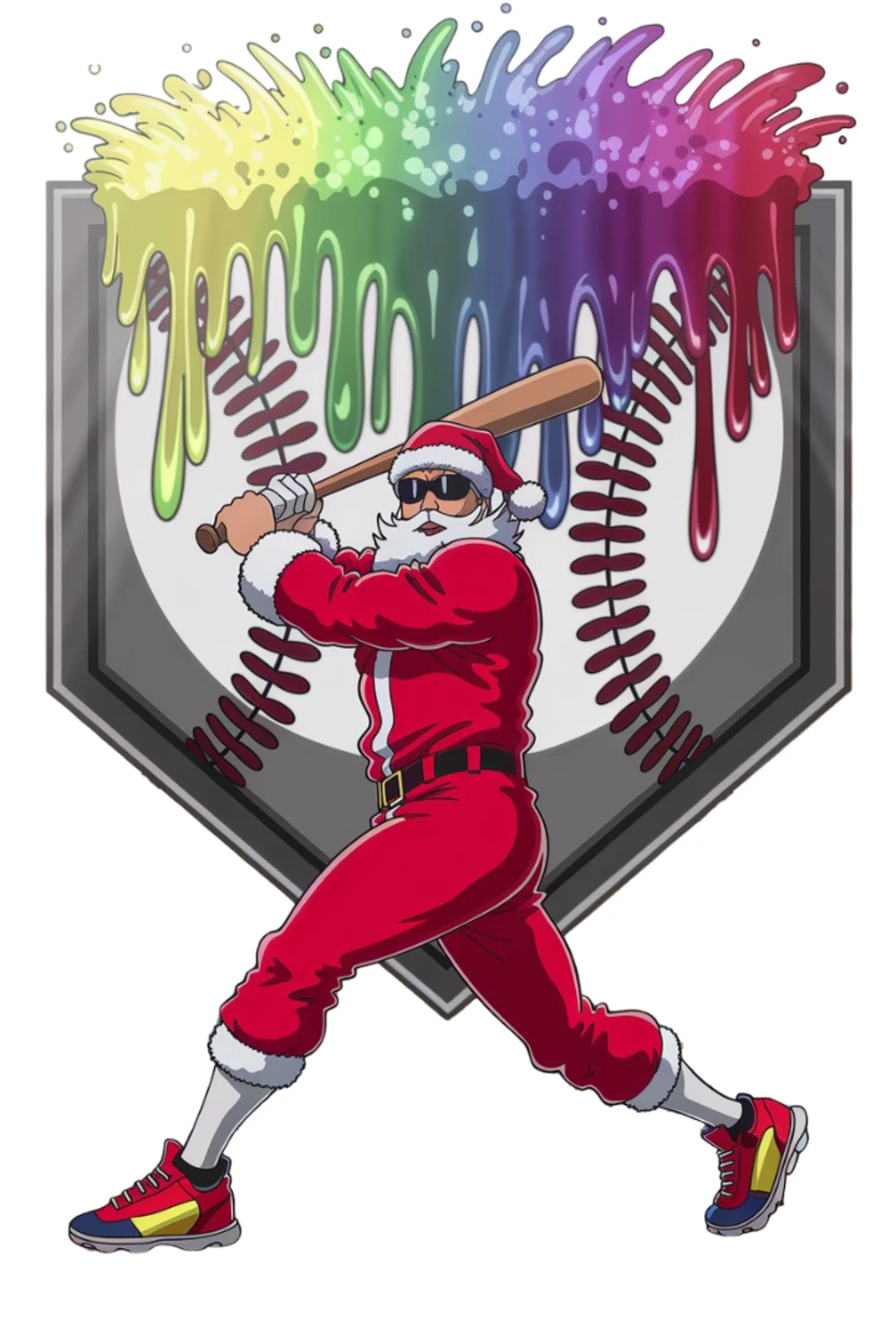 Santa stepping forward in motion with a ball in his glove and focused expression