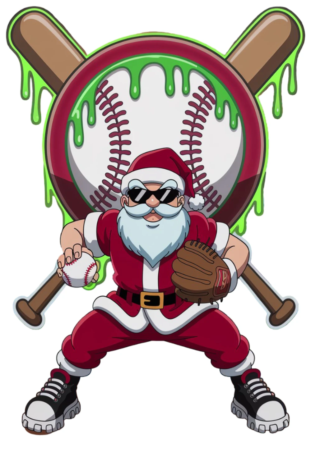 Santa pitcher framed by a large baseball with colorful drip accents