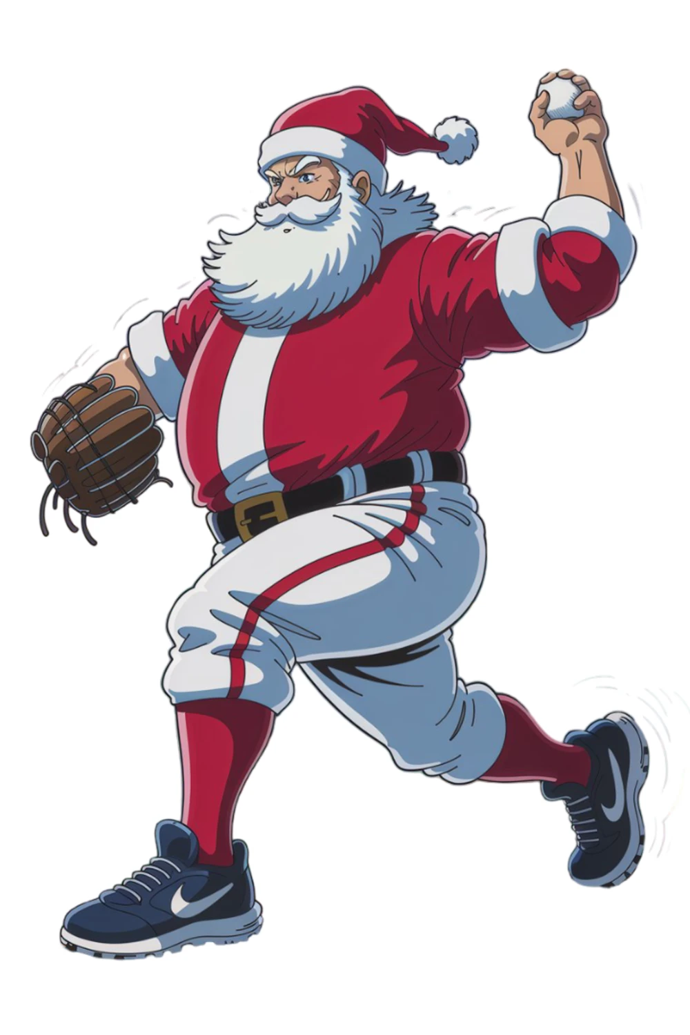 Running Santa in full baseball gear sprinting toward the next play