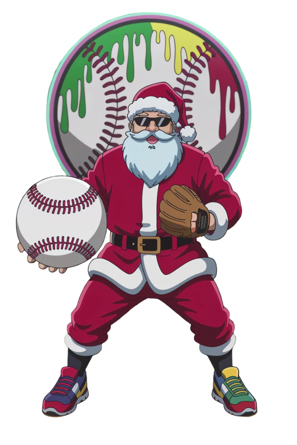 Santa standing with a bat and ball inside a round frame with cool shading