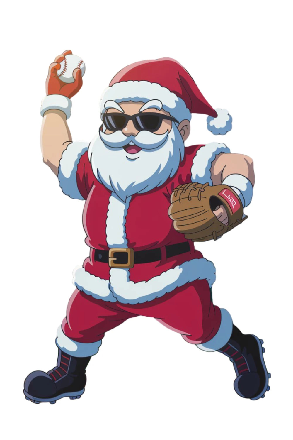 Santa in a batting stance with one leg lifted ready to charge a pitch