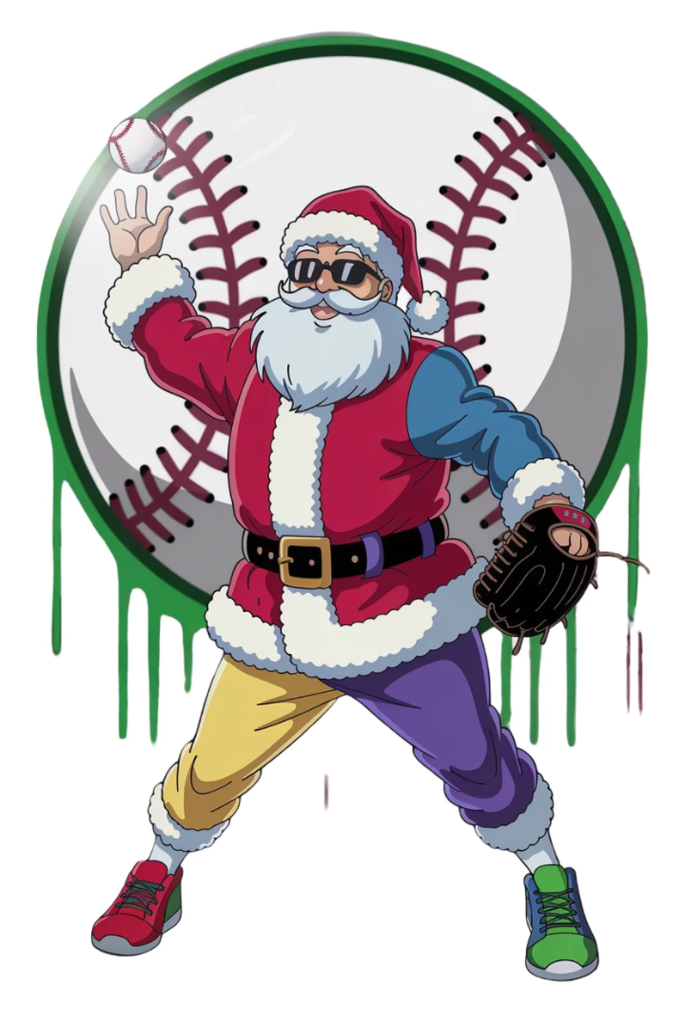Santa standing in front of a big baseball with green and red paint drips