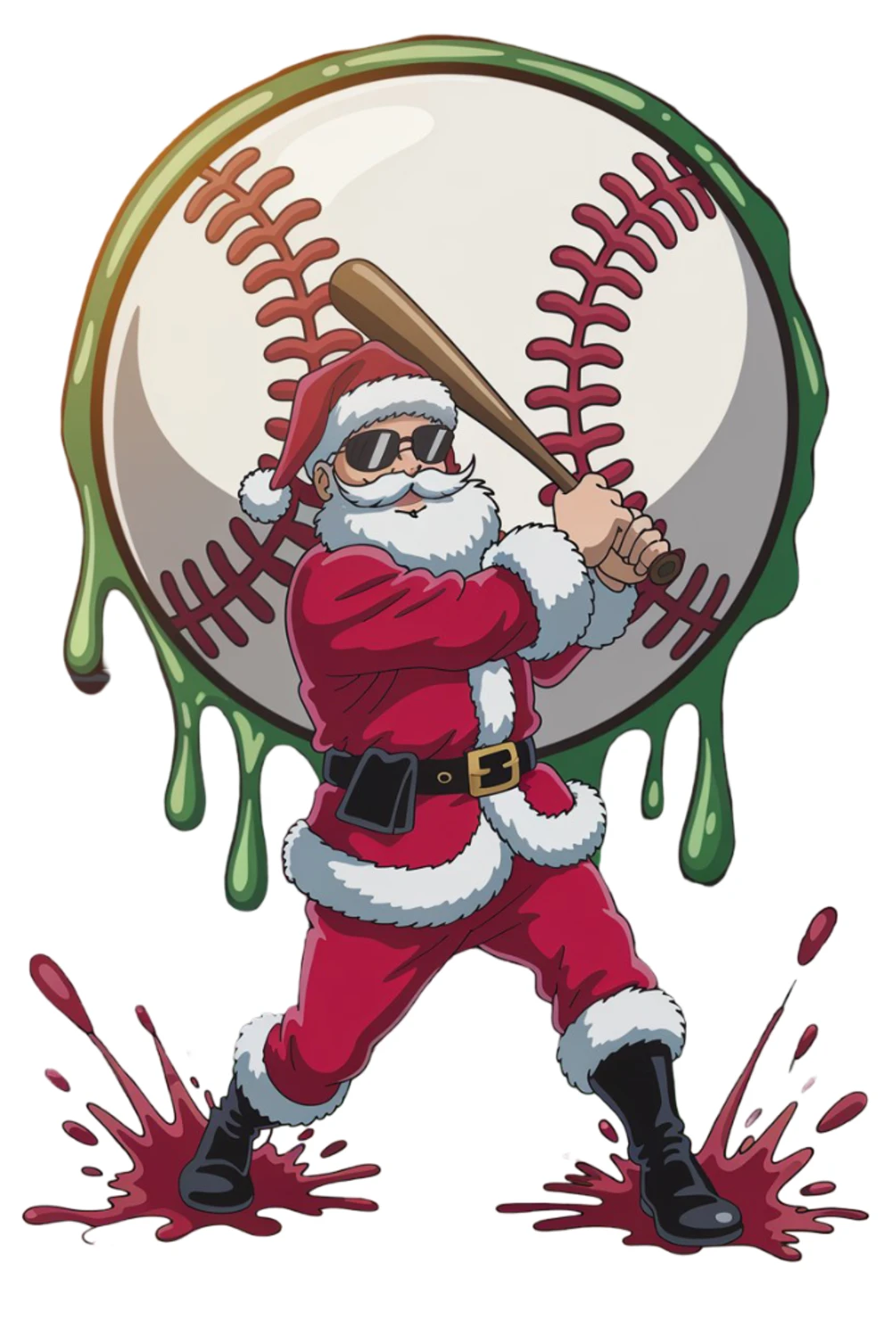 Santa raising both arms inside a circular frame with bold splash effects