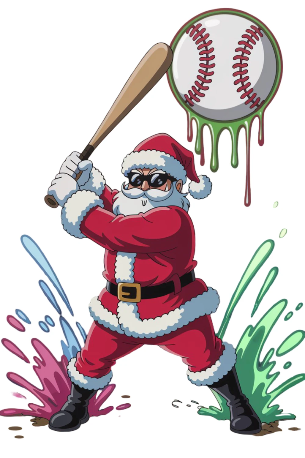Santa waving with one hand while holding a ball in the other for a friendly pose