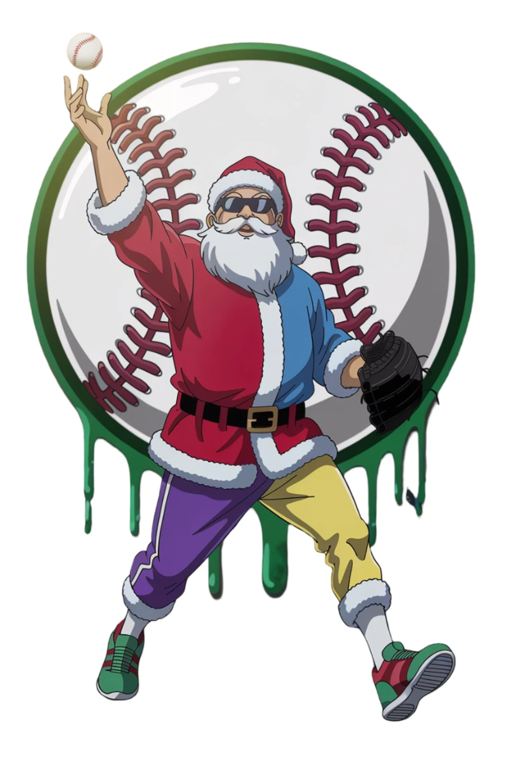 Santa catcher in front of a baseball ring with bright drip details around the edge