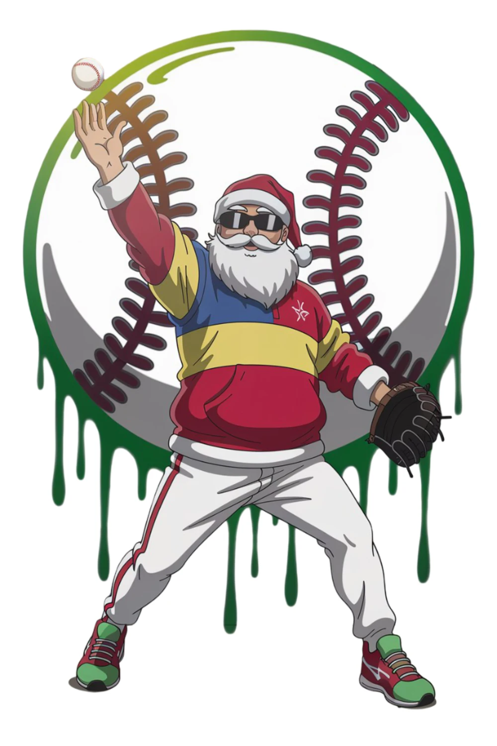 Santa standing with rainbow colors behind a large baseball for a playful mood