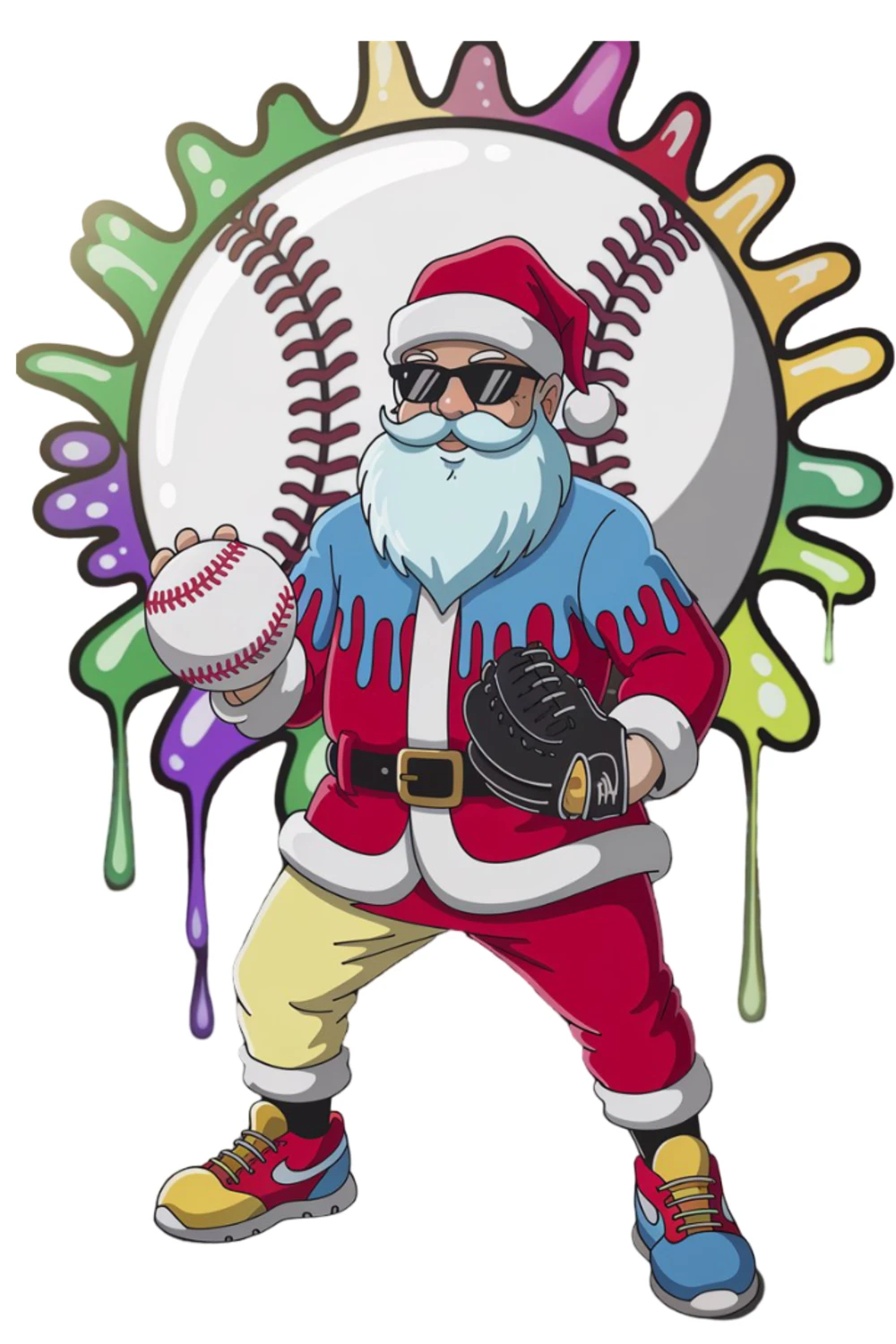 Santa holding a bat and ball with bright splash colors around the baseball