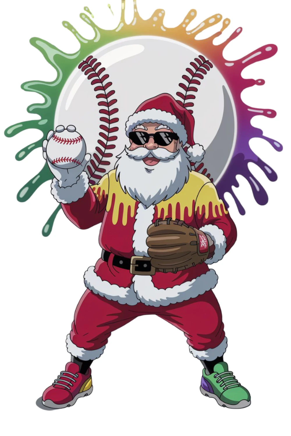 Santa standing tall with a large rainbow splash halo behind the baseball