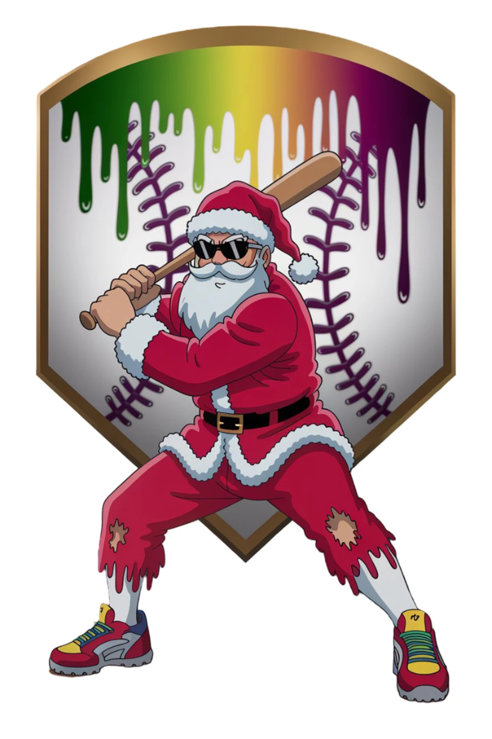 Santa crouched low in front of a shield with heavy paint drips at the top
