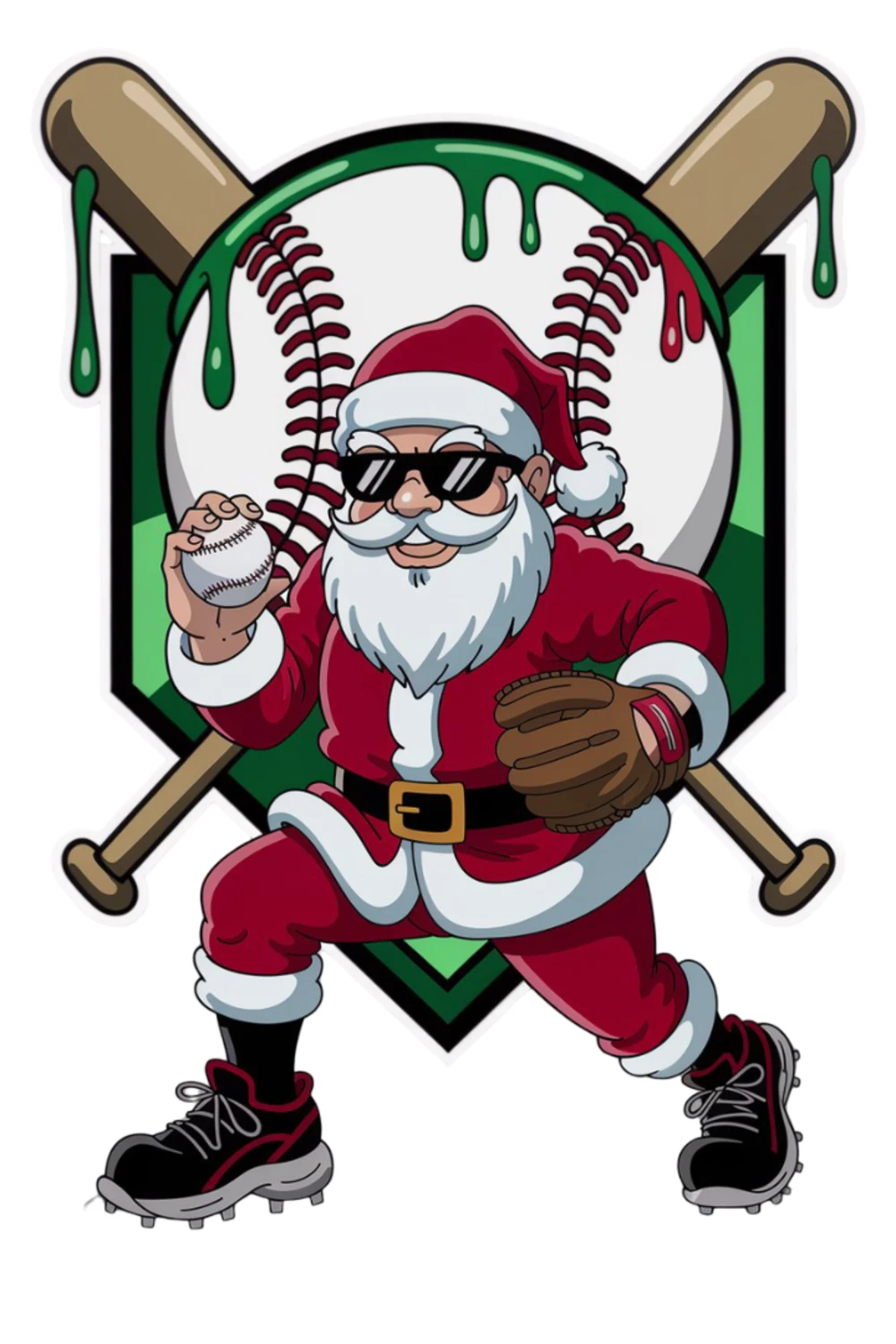 Santa standing between two large bats crossed behind a baseball emblem
