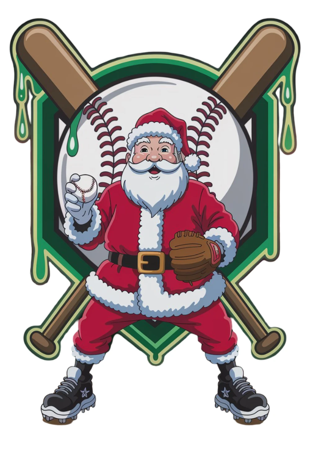 Santa stepping forward with crossed bats and a baseball ring behind him