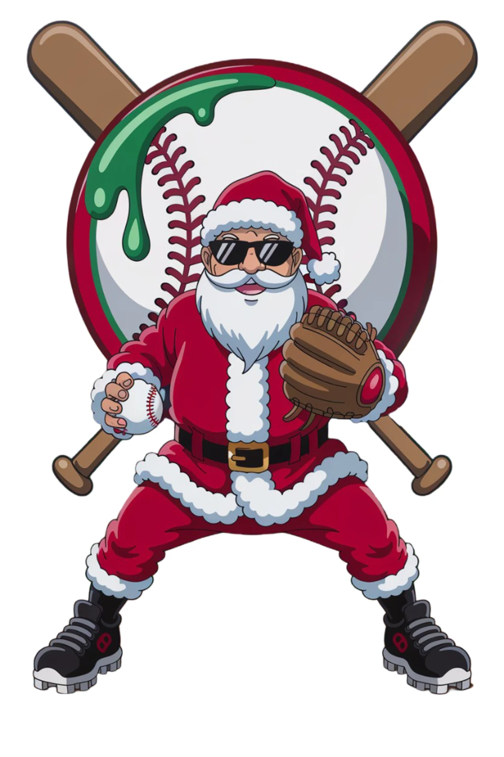 Santa striding out of a baseball circle with one hand on his belt and a bat