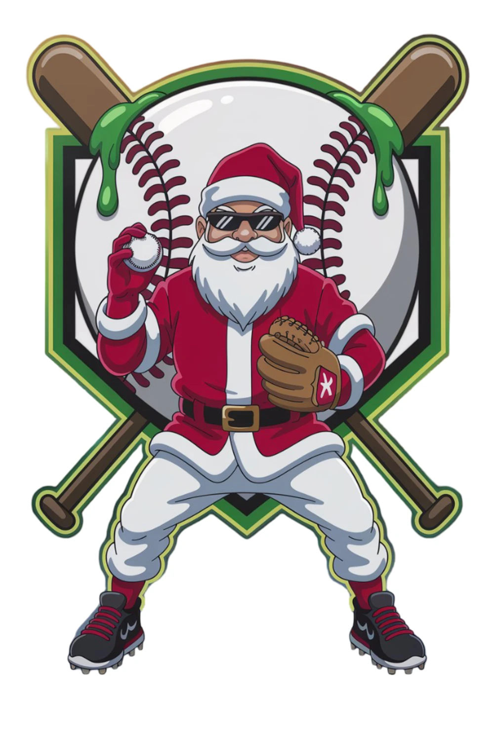 Santa leaning back in front of a baseball frame with bright green drip accents