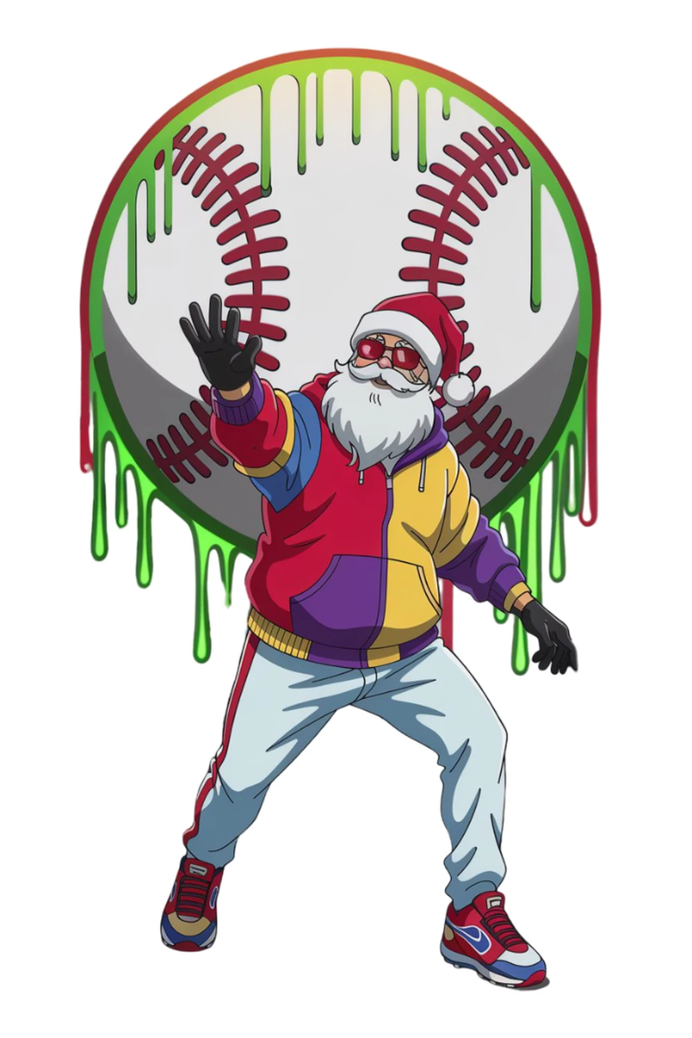 Santa standing with one leg forward in front of a tall baseball backdrop