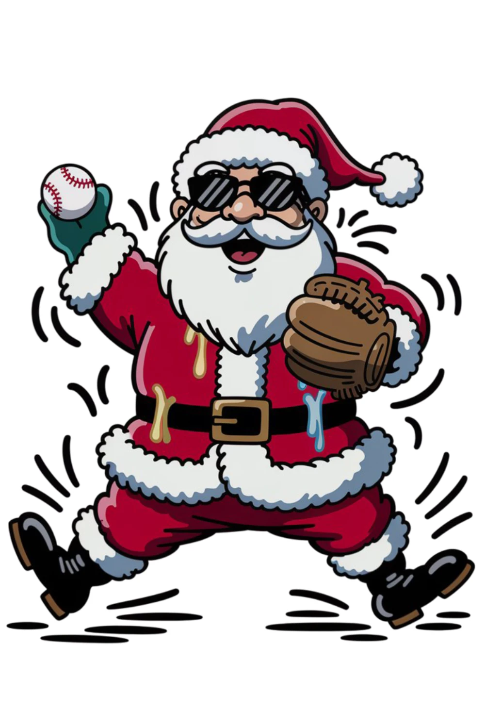 Santa in a playful ready stance with both fists raised beside a small present