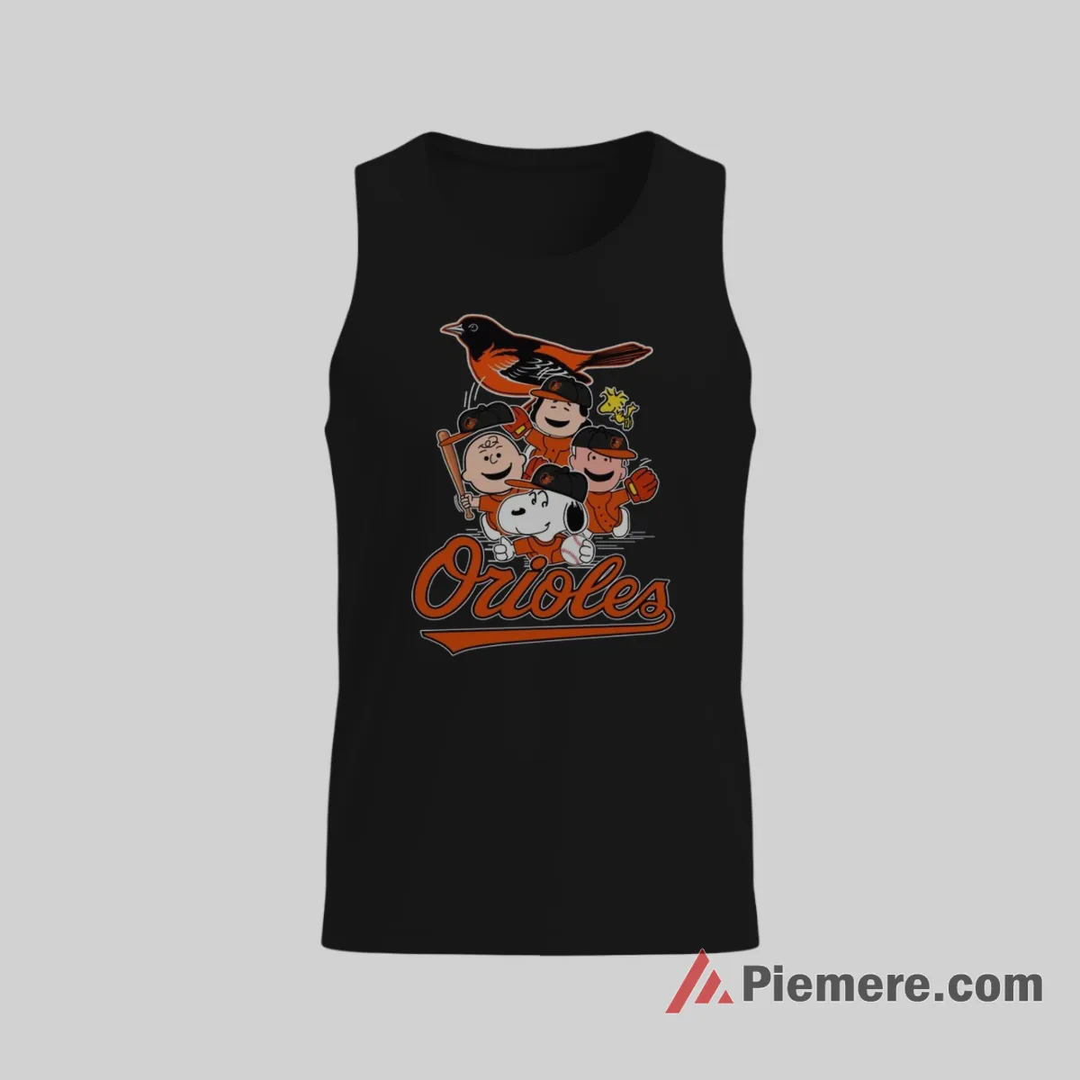 Snoopy Charlie Brown Baltimore Orioles Peanuts Fan Shirt on black tank top for men graphic tee