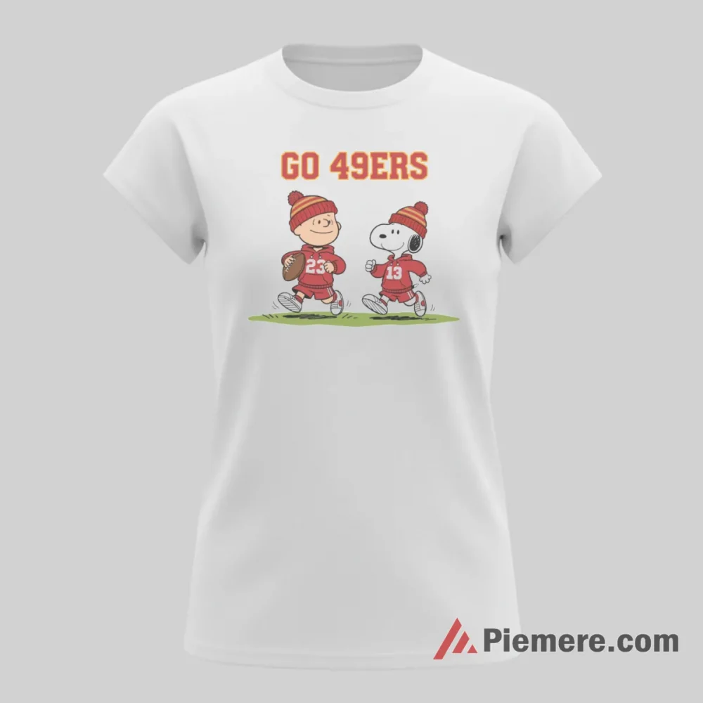 Snoopy Charlie Brown Go 49ers Football Shirt on white short sleeve shirt for women graphic tee